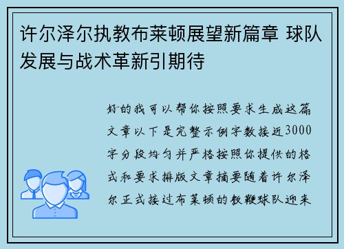 许尔泽尔执教布莱顿展望新篇章 球队发展与战术革新引期待